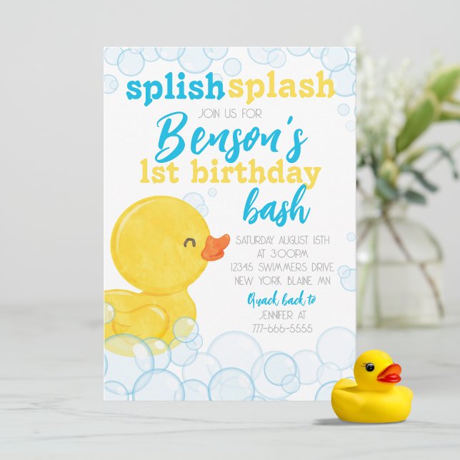 Convites Borracha Pato Espalhar Pato Pato Pato Pato Pato Pa (Splish Splash Watercolor Rubber Duck 1st Birthday Party Invitations)
