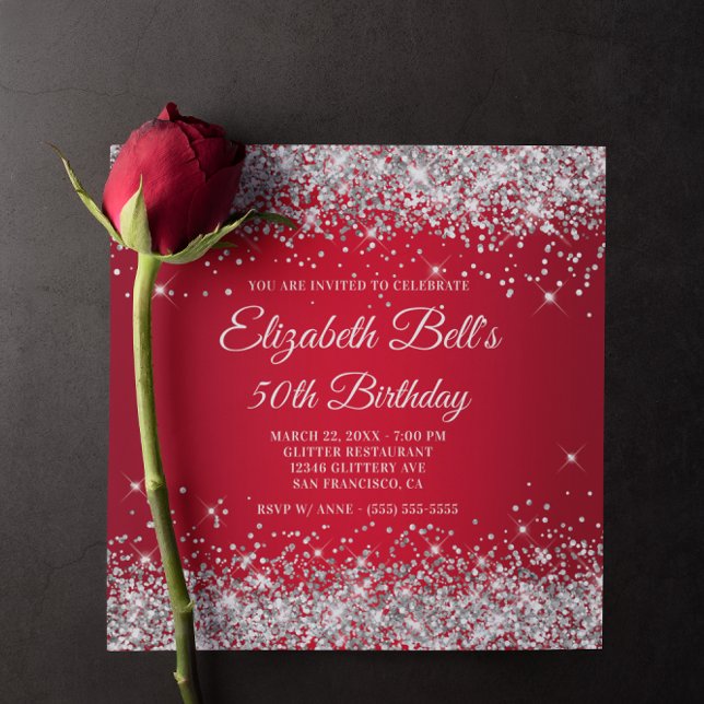 Convites Borracha Vermelha Espartosa, Brilhante, 50º Aniver (Sparkly Silver Glitter Red Ombre Birthday Invitation)