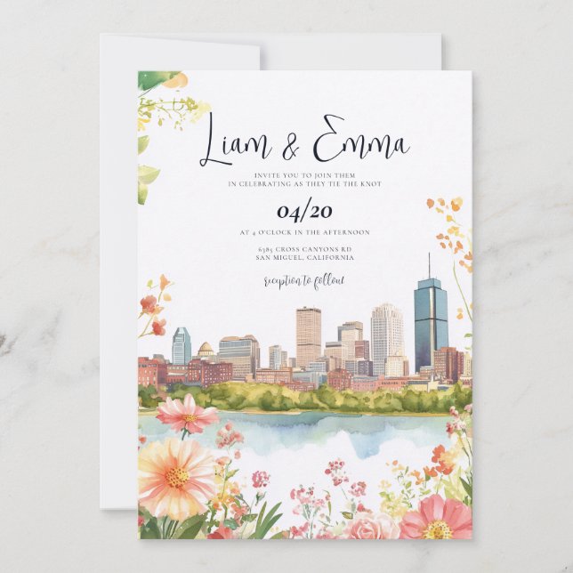 Convites Boston Massachusetts Skyline Wedding Invitation (Frente)