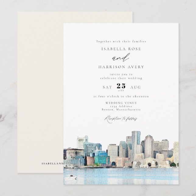 Convites Boston Massachusetts Watercolor Skyline Wedding (Frente/Verso)
