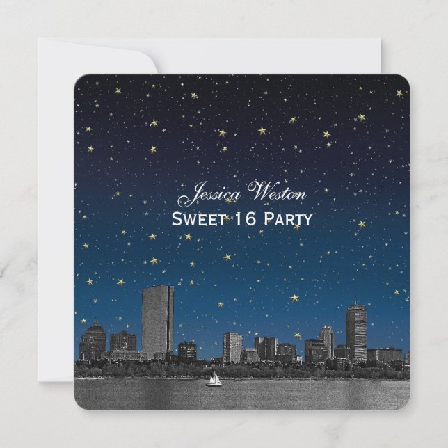Convites Boston Skyline Blue Estrela Gravada Sweet 16 (Frente)