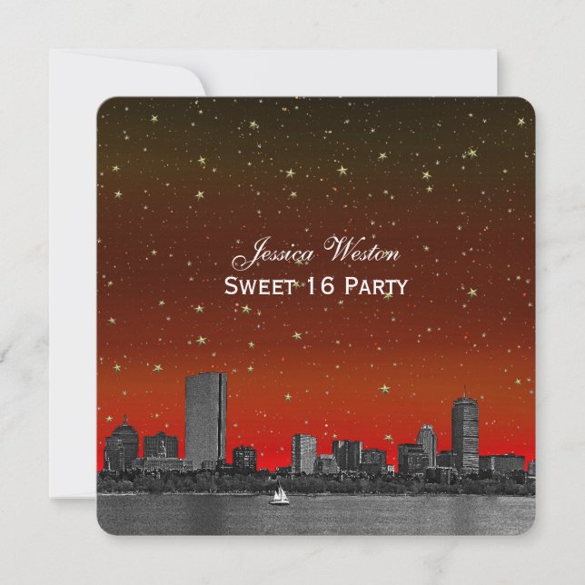Convites Boston Skyline Blue Starry Etch Sweet 16 (Frente)