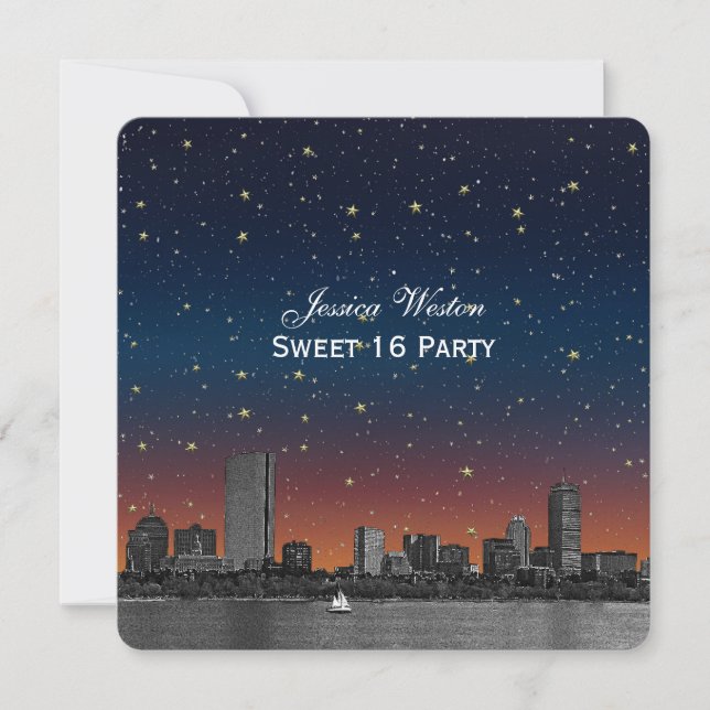 Convites Boston Skyline Blue Starry Etch Sweet 16 (Frente)
