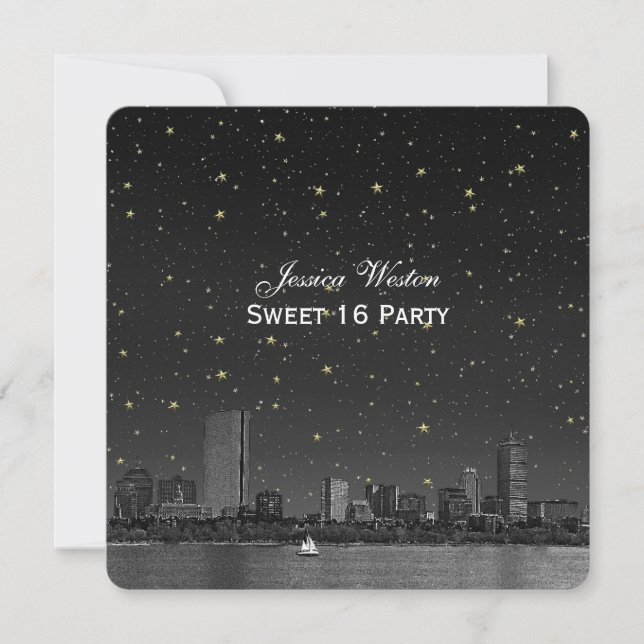 Convites Boston Skyline Blue Starry Etch Sweet 16 (Frente)