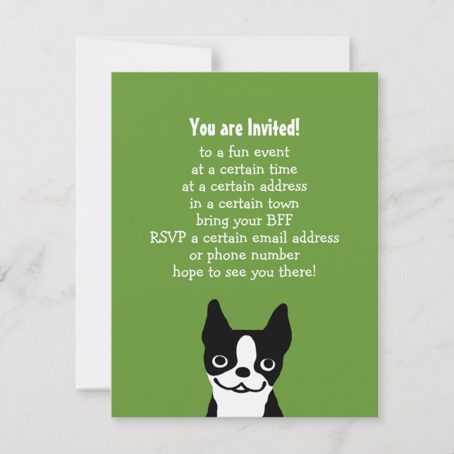 Convites Boston Terrier - Cachorro Fofo com Texto Personali (Frente)