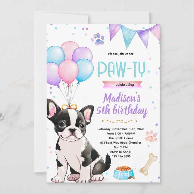 Convites Boston Terrier girl theme invitation (Frente)