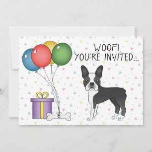 Convites Boston Terrier Preto e Branco Cachorro Fofo - Aniv