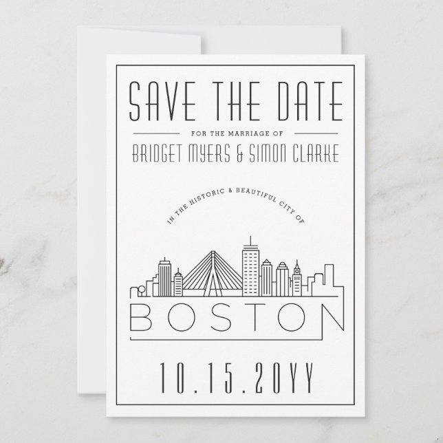 Convites Boston Wedding | Skyline Estilizado Salvar a Data (Frente)