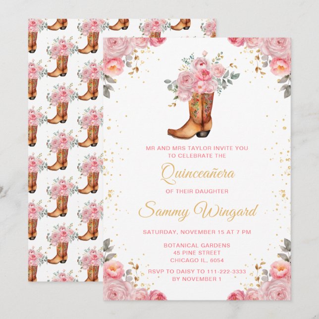 Convites Bota de Cowboy Quinceañera Rosa e Dourada com Flor (Frente/Verso)