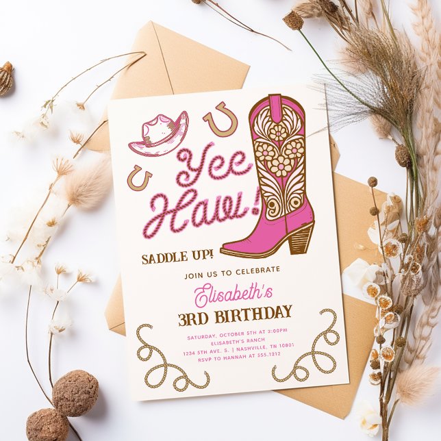 Convites Bota de Cowboy Rosa Yee Haw Aniversário de Rodeio  (Pink Cowboy Boot Yee Haw Girly Rodeo Birthday Invitation)
