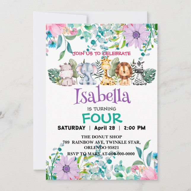 Convites Bótamo de Flor Cinto Selva Animais Aniversário par (Frente)