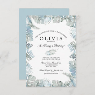 Convites Botânica Aquarela Azul Pálido Dusty Aniversário
