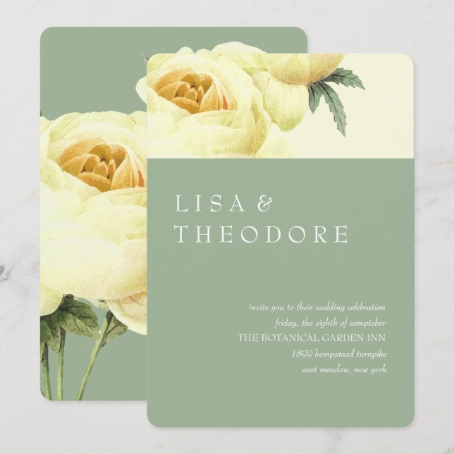 Convites Botânica | Casamento vintage Amarelo Sage (Frente/Verso)