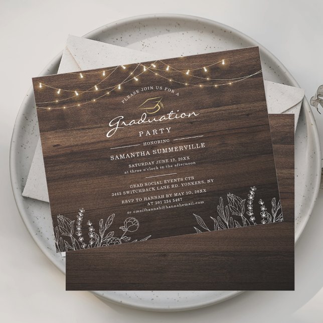 Convites Botânica da Festa de formatura Rustic Formando 202 (Graduation Rustic Wood Look String Lights 2025 Grad Party Invitation)