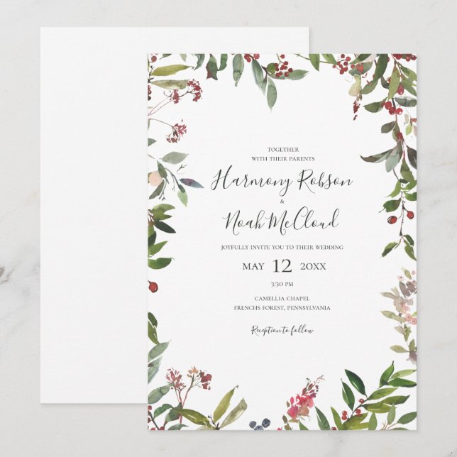 Convites Botânica de Natal | Casamento Casual Branco (Frente/Verso)