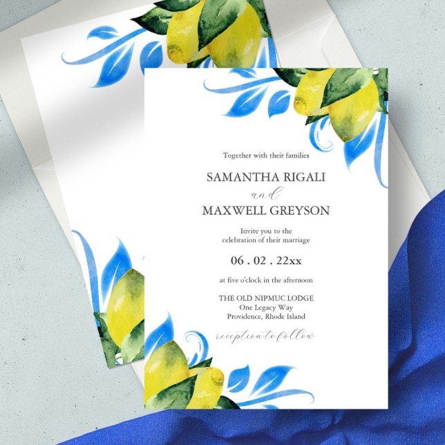 Convites Botânica Italiana Wedding Lemons Watercolor (wedding invitation Italian theme lemons yellow and blue watercolor)