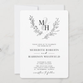 Convites Botânica Laurel Wreath QR Código Monograma Casamen