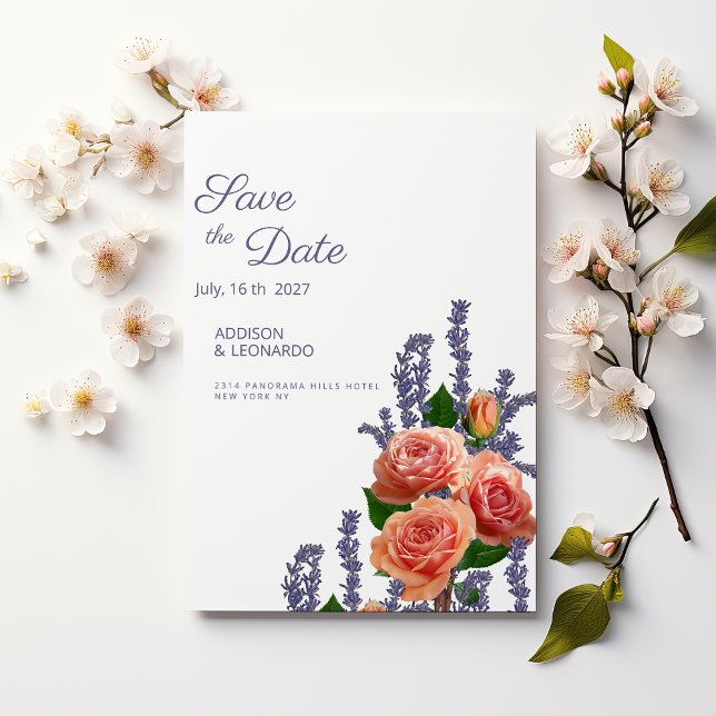 Convites Botânica lavanda rosa flores pêssego Salve a Data (Botanic lavender peach rose flowers Save the Date )