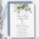 Convites Botânica Primeira Comunhão Silver Dusty Blue<br><div class="desc">O Primeiro Convite à Comunidade Elegante Moderno inclui folhas de cor aquosa de eucalipto e outras lindas folhagens botânicas verdes. Silver Cross. Pó Azul.</div>