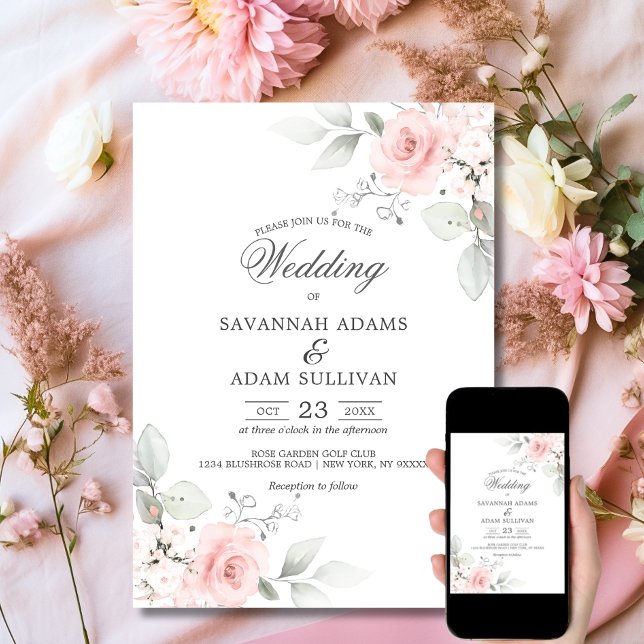 Convites Botânica-rosa-Rosa de-Blush Floral Elegante (Elegant Floral Blush Rose Pink Botanical Invitation Set | Matching Invitation Suite)