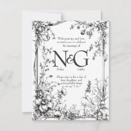 Convites Botânica Rústica, Desenhada Mão Preta e Branca