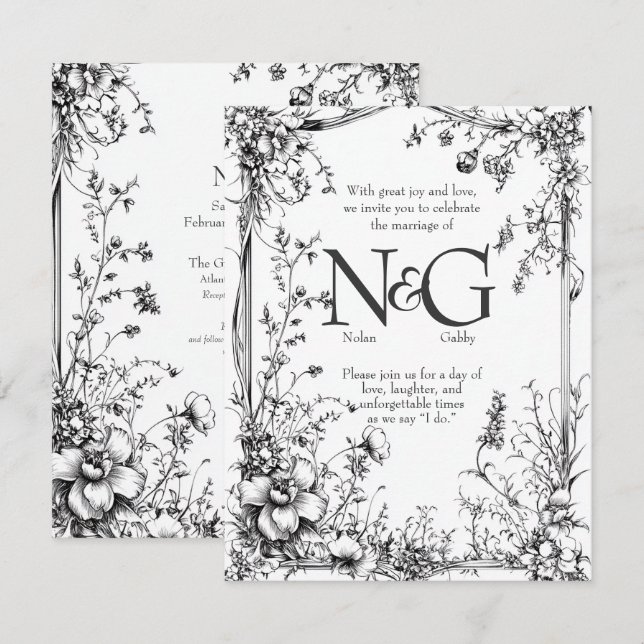 Convites Botânica Rústica, Desenhada Mão Preta e Branca (Frente/Verso)