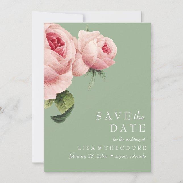 Convites Botânica | Sage Vintage rosa rosa SALVO DATA (Frente)