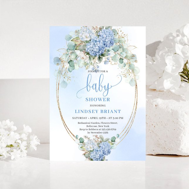 Convites Botanical Blue Hydrangea Eucalyptus Baby Shower  (Botanical Blue Hydrangea Eucalyptus Baby Shower Invite)