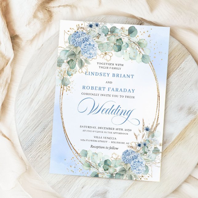 Convites Botanical Blue Hydrangea Eucalyptus Wedding Invite (Botanical Blue Hydrangea Eucalyptus Wedding Invitation)