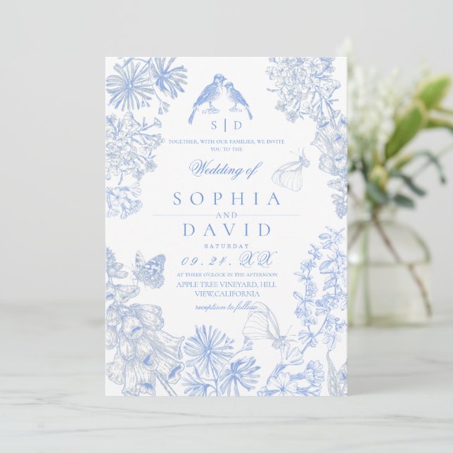 Convites Botanical Blue White Rustic Wildflowers Wedding  (Em pé/Frente)