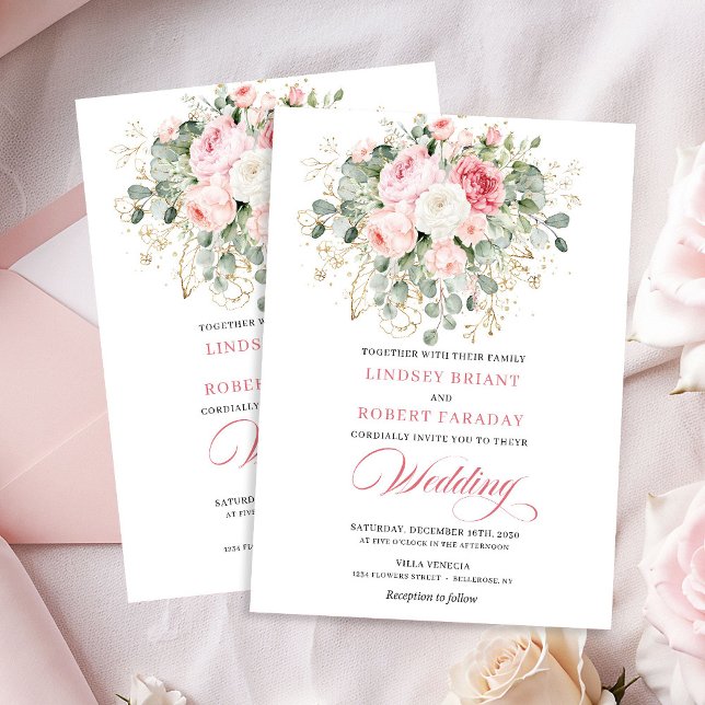 Convites Botanical Blush Roses Gold Wedding Invitation (Botanical Blush Roses Gold Wedding Invitation)