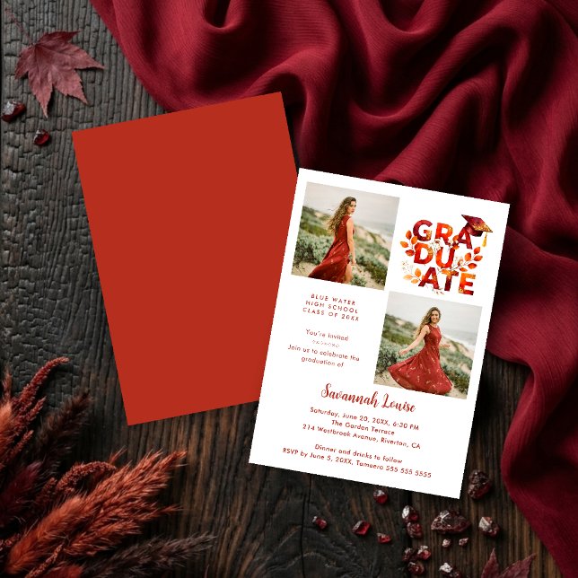 Convites Botanical Boho Red Shades Graduation 2-Photo (Botanical Boho Graduation Invitation with 2-Photo Layout in Red Shades and Digital Download. )