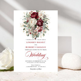 Convites Botanical Burgundy and White Flowers Wedding Invit
