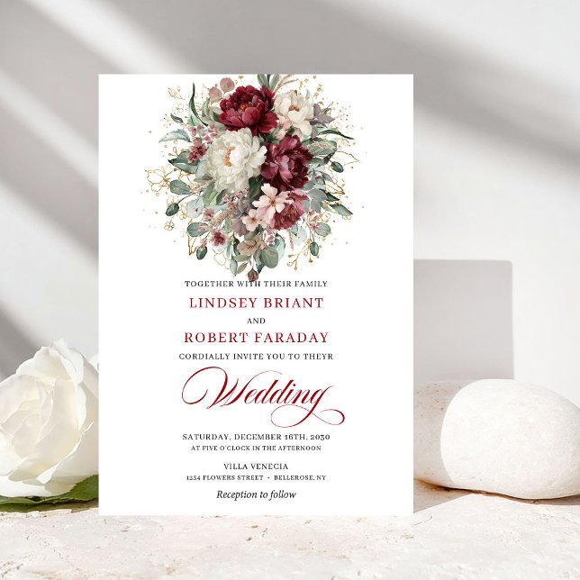 Convites Botanical Burgundy and White Flowers Wedding Invit (Botanical Burgundy and White Flowers Wedding Invite)