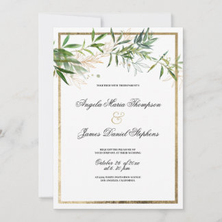 Convites Botanical elegant white mint gold foliage wedding 