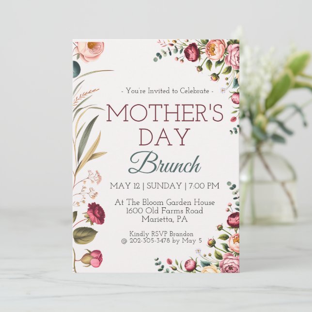 Convites Botanical Floral Mothers Day Brunch Invitation (Em pé/Frente)