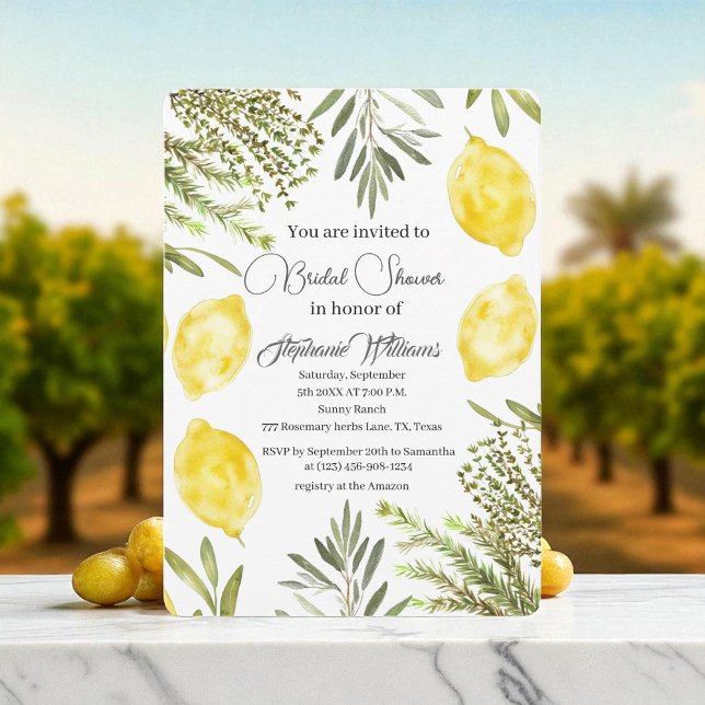 Convites Botanical Herbs Lemons Watercolor Bridal Shower  (Criador carregado)