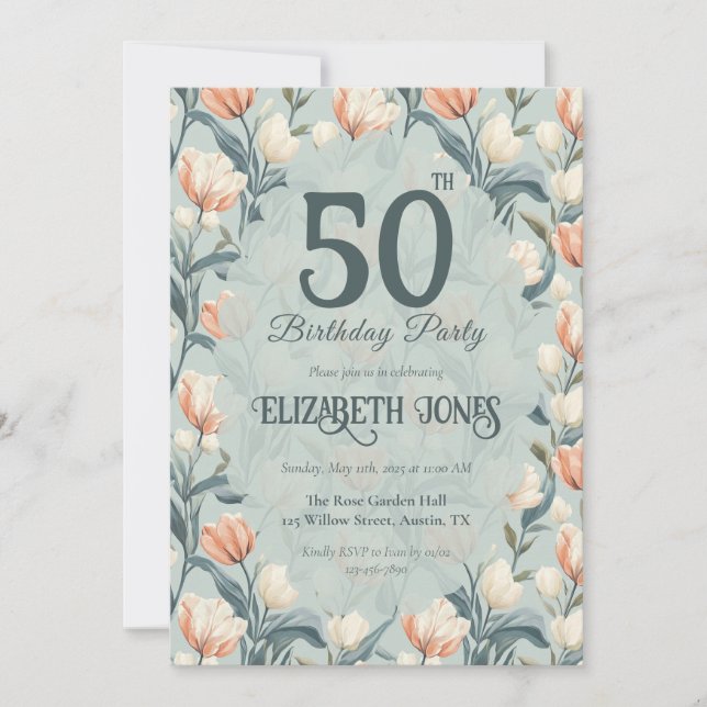 Convites Botanical Inspired Tulip Themed Custom Birthday (Frente)