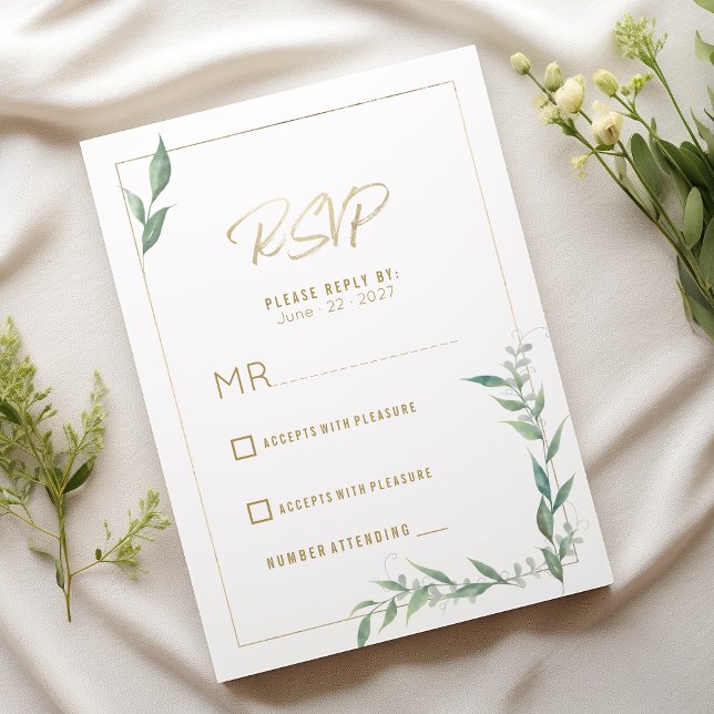 Convites Botanical mint green gold greenery  Wedding RSVP  (Botanical mint green gold greenery Wedding RSVP)