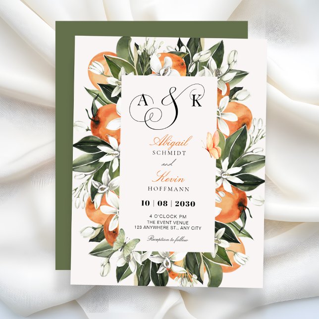 Convites Botanical orange leaves watercolor wedding  (Criador carregado)