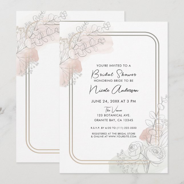 Convites Botanical Outline Sage Blush Floral Bridal Shower (Frente/Verso)