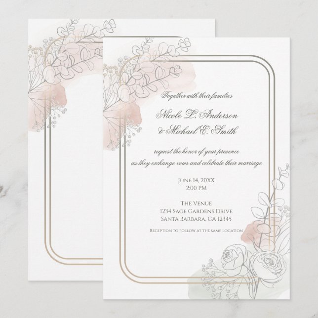 Convites Botanical Outline Sage & Blush Floral Wedding  (Frente/Verso)