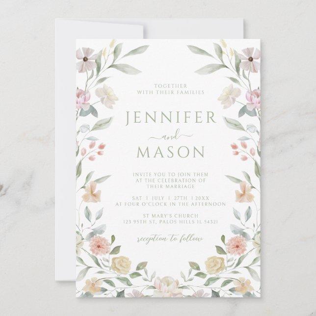 Convites Botanical Pastel Flower Wreath Wedding Invitation (Frente)