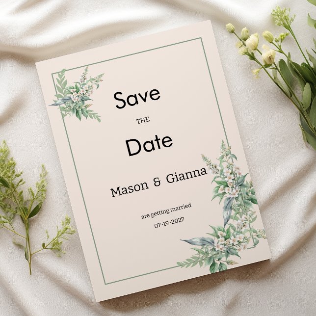 Convites Botanical pink mint ivory floral Save the Date (Botanical pink mint ivory floral Save the Date)