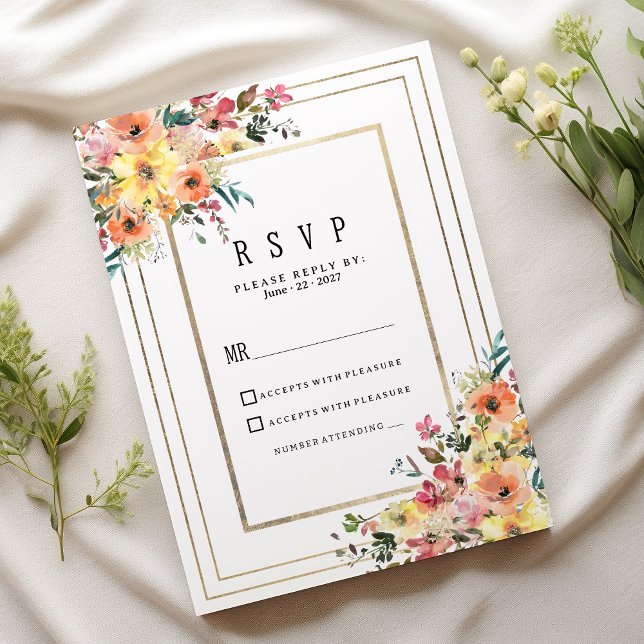 Convites Botanical pink orange gold floral country RSVP (Botanical pink orange gold floral country RSVP)