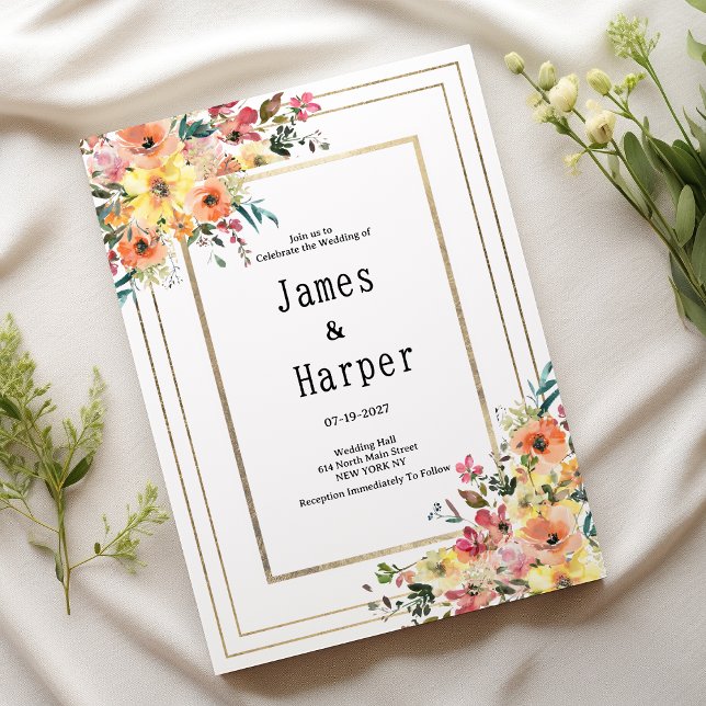 Convites Botanical pink orange gold floral country Wedding  (Botanical pink orange gold floral country Wedding )