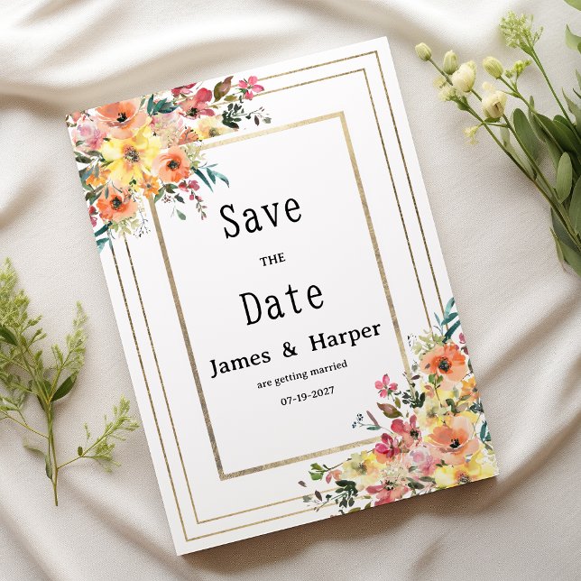 Convites Botanical pink orange gold floral Save the Date (Botanical pink orange gold floral Save the Date)
