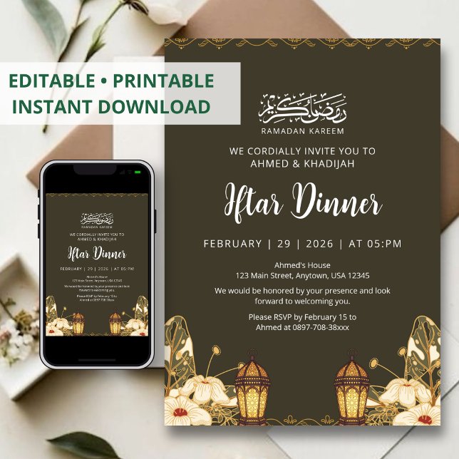 Convites Botanical Ramadan Iftar Floral Lanterns Invitation (Criador carregado)
