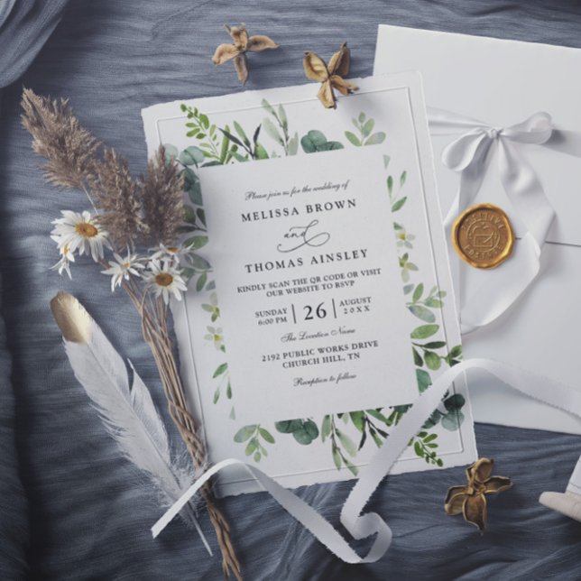 Convites Botanical Rustic Greenery Elegant QR Code Wedding (Criador carregado)