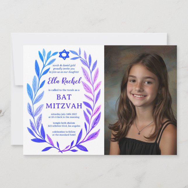 Convites Botanical Watercolor CUSTOM PHOTO Bat Bar Mitzvah (Frente)